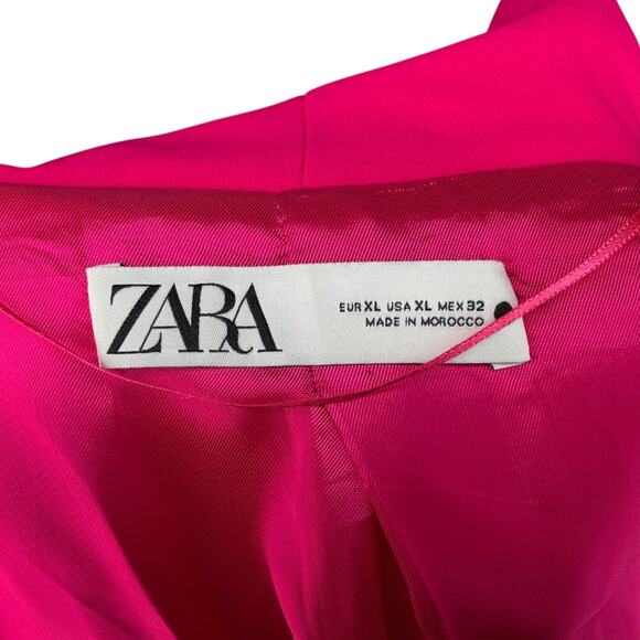 Zara Neon Fuchsia Hot Pink Tuxedo Collar Blazer Single Button Tie Waist Belted - Picture 9 of 11